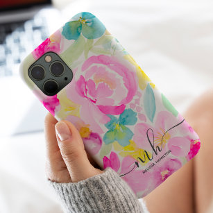 Modern girly pink loose floral watercolor monogram iPhone XR case