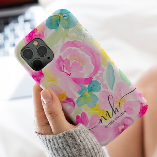 Modern girly pink loose floral watercolor monogram iPhone 11 pro max case