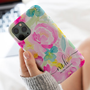 Modern girly pink loose floral watercolor monogram iPhone 17 pro max case