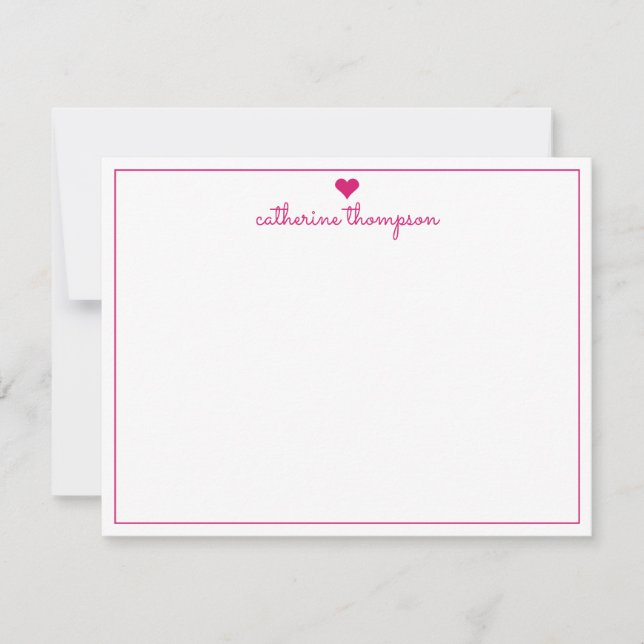 Modern Girly Pink Magenta Heart Feminine Script Note Card (Front)