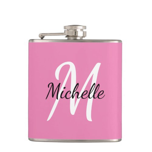 Modern Girly Pink Monogram Name  Initial Flask