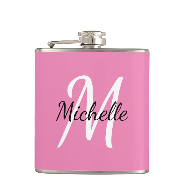 Modern Girly Pink Monogram Name + Initial Flask (Front)