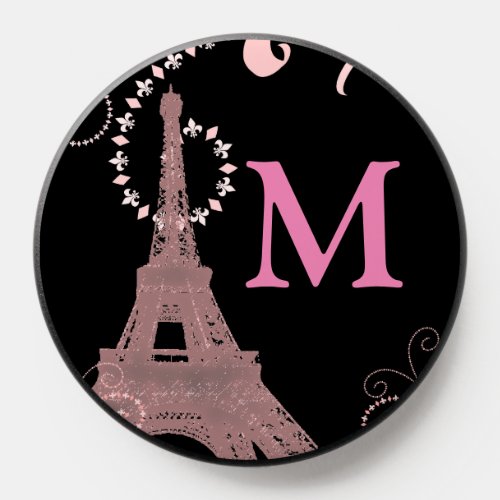 modern girly pink paris eiffel tower monogram PopSocket