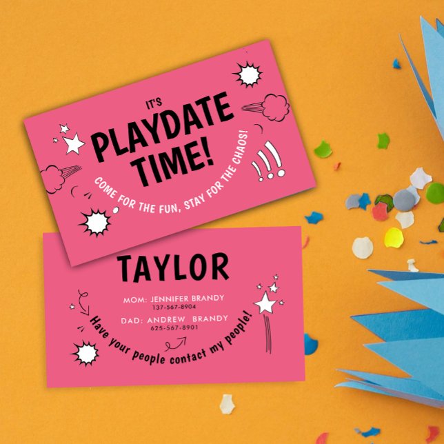 Modern Girly Pink Playdate Fun Doodle School End Business Card (Creator Uploaded)