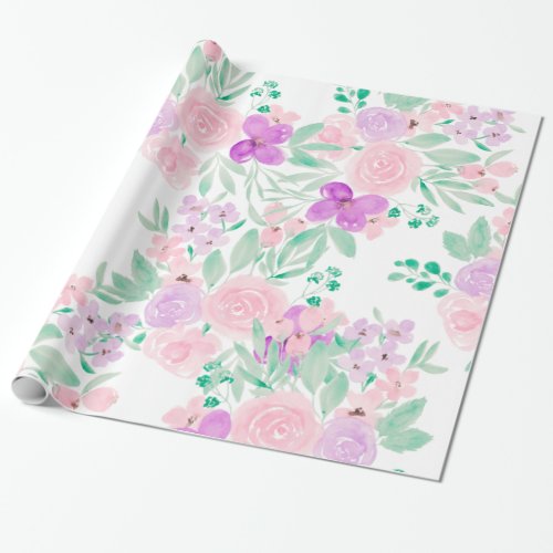 Modern girly pink purple floral watercolor pattern wrapping paper
