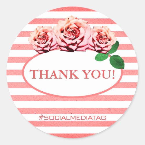 Modern Girly Pink Rose Stripes Roses Thank You  Classic Round Sticker