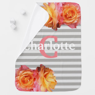 Modern Girly Pink Roses & Stripes Baby's Name Swaddle Blanket