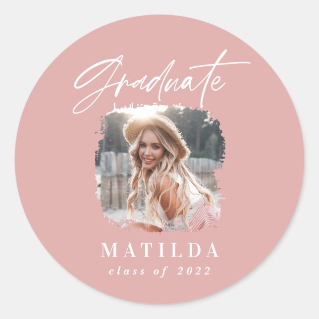 Modern girly pink script photo elegant graduation classic round sticker (Front)