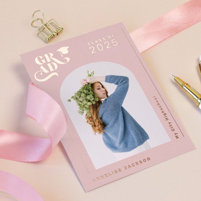 Modern girly pink typography photo 2025 graduate foil invitation (Creator Uploaded)