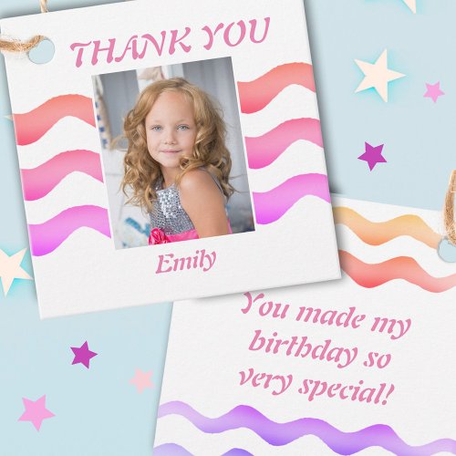 Modern Girly Pink Waves Birthday Photo Thank you F Favor Tags