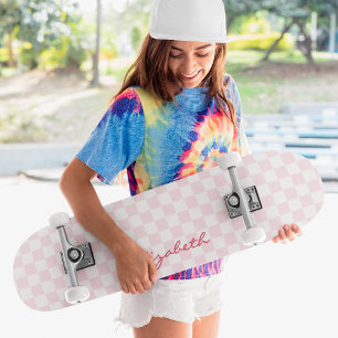 Modern Girly Pink White Checkered Pattern Monogram Skateboard