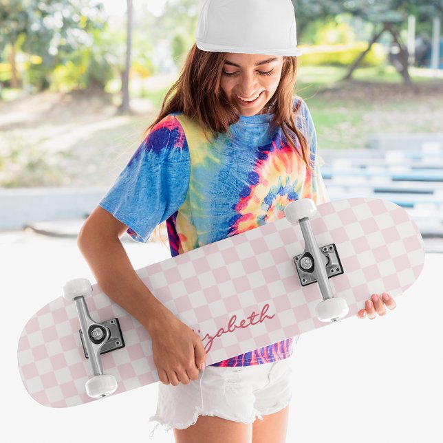 Modern Girly Pink White Checkered Pattern Monogram Skateboard (Modern Girly Pink White Checkered Pattern Monogram Skateboard)