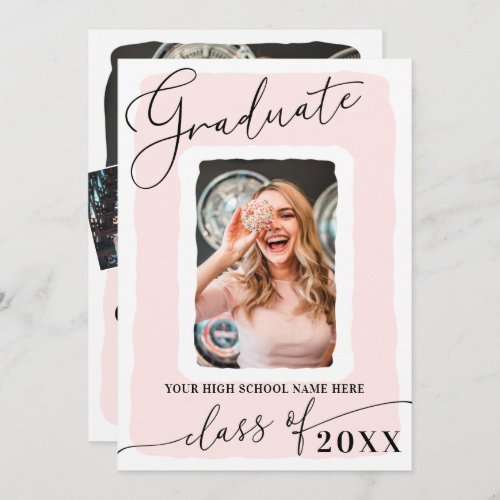 Modern Girly Pink White Frame Photo Graduation Announcement