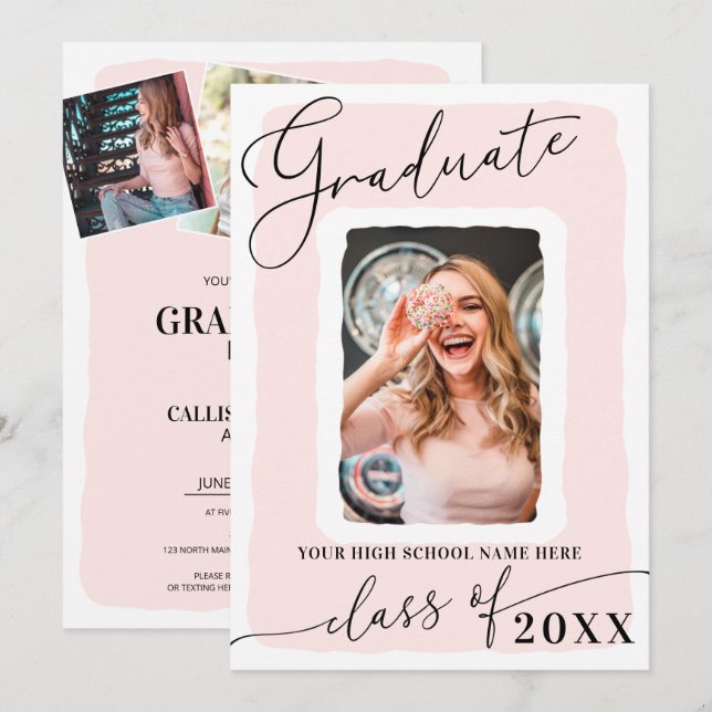 Modern Girly Pink White Frame Photo Graduation Invitation (Front/Back)