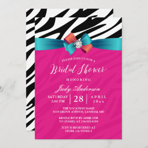 Modern Girly Pink Zebra Print Ribbon Bridal Shower Invitation