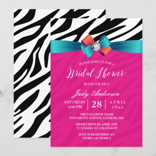 Modern Girly Pink Zebra Print Ribbon Bridal Shower Card