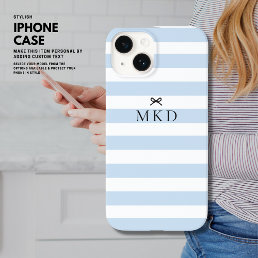 Modern Girly Pretty Blue Stripe Black Bow Monogram Case-Mate iPhone 14 Case