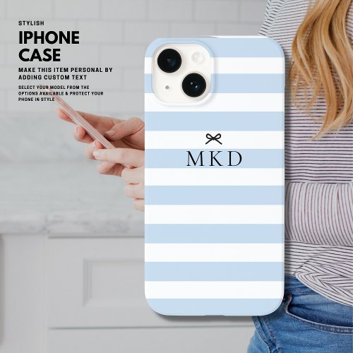 Modern Girly Pretty Blue Stripe Black Bow Monogram Case_Mate iPhone 14 Case