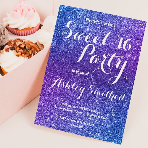 Modern girly purple blue glitter ombre Sweet 16 Invitation