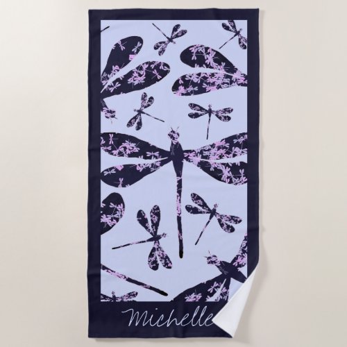 Modern girly purple dragonfly pattern illustration beach towel