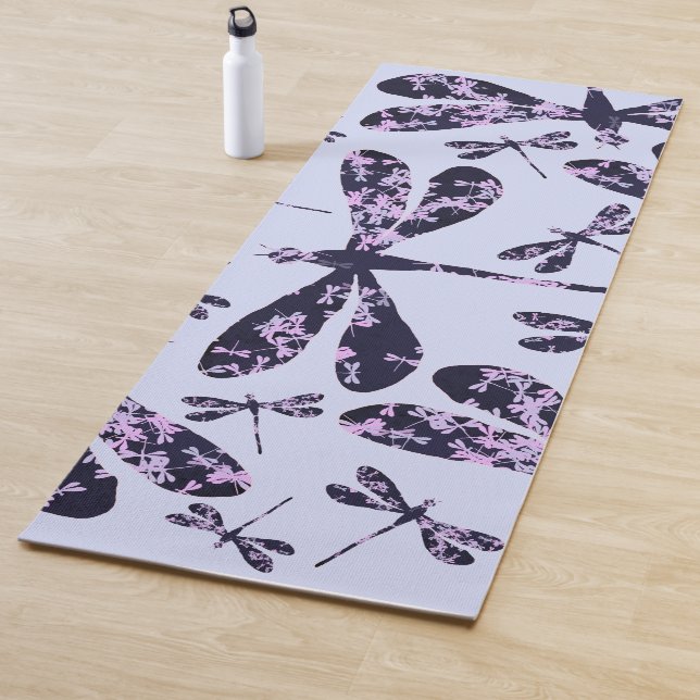 Modern girly purple dragonfly pattern illustration yoga mat (In Situ)