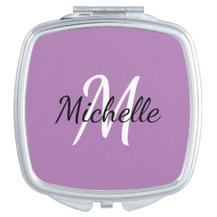 Modern Girly Purple Monogram Initial + Name Compact Mirror