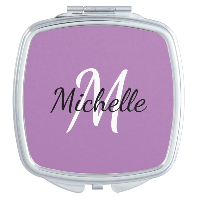 Modern Girly Purple Monogram Initial + Name Compact Mirror (Front)