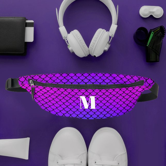 Modern Girly Purple Pink Mermaid Scales Monogram Fanny Pack (Creator Uploaded)