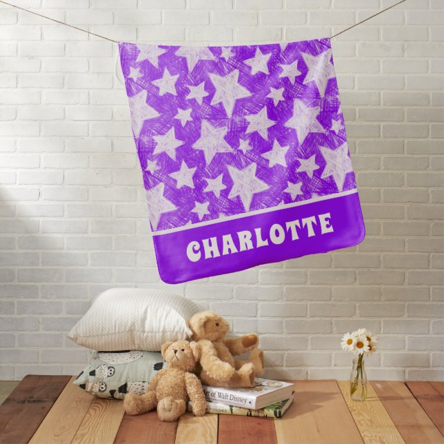 Modern Girly Purple Star Pattern Personalized Name Baby Blanket (In Situ)