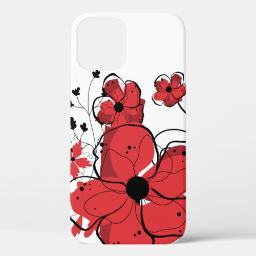 Modern Girly Red and Black Flowers iPhone 12 Case