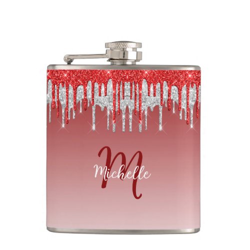 Modern Girly Red Glitter Drip Monogram Initial Flask