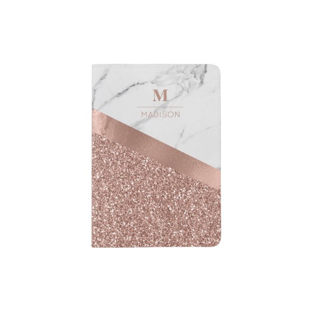 Modern Girly Rose Glitter | Marble Monogram Passport Holder (Front)