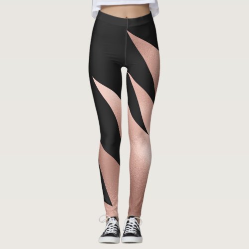 Modern Girly Rose Gold Black Geometric Leggings