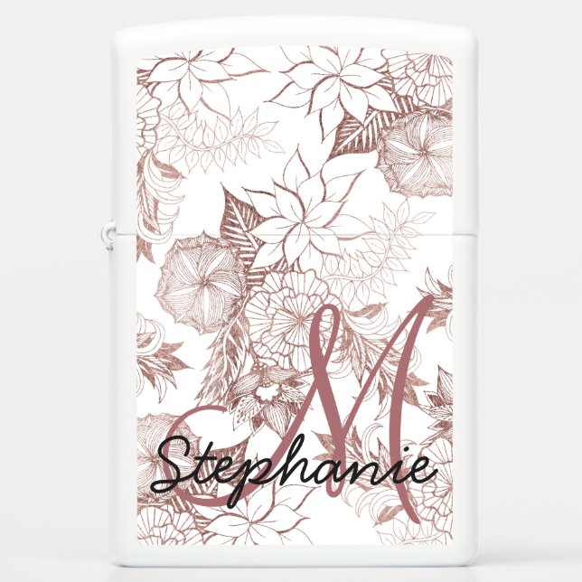 Modern Girly Rose Gold Floral Monogram Zippo Lighter (Front)
