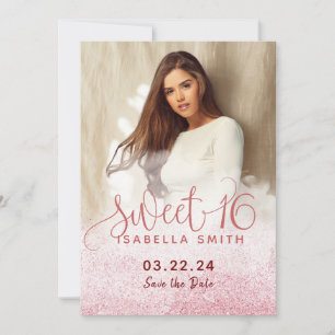 Modern girly rose gold glitter chic photo sweet 16 save the date