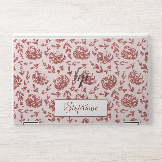 Modern Girly Rose Gold Glitter Floral HP Laptop Skin (Front)