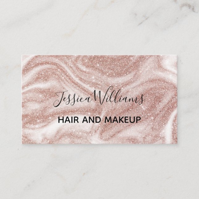 Modern Girly Rose Gold Glitter Marble Hair Makeup  Business Card (Front)