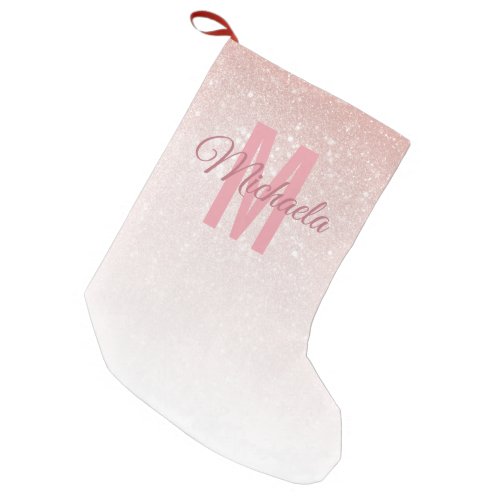 Modern Girly Rose Gold Glitter Pink Ombre Monogram Small Christmas Stocking