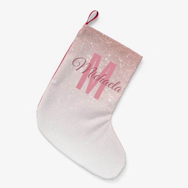 Modern Girly Rose Gold Glitter Pink Ombre Monogram Small Christmas Stocking (Front (Hanging))