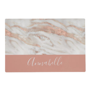 Modern girly rose gold marble custom name script placemat