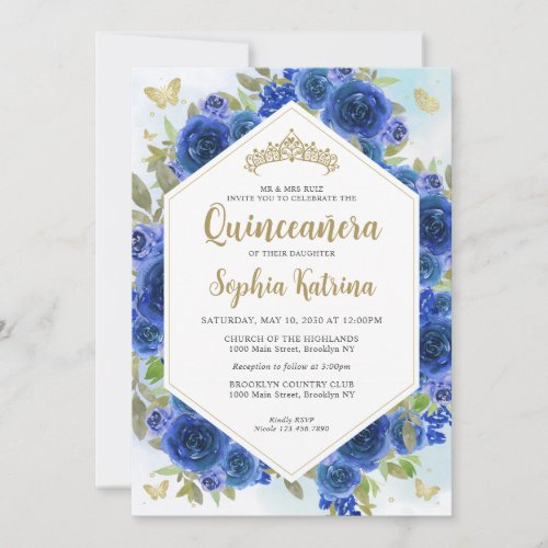Modern Girly Royal Blue Floral Gold Quinceaera Invitation