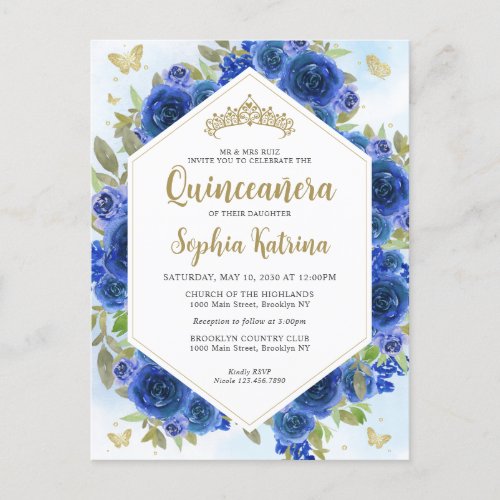 Modern Girly Royal Blue Floral Gold Quinceaera Postcard
