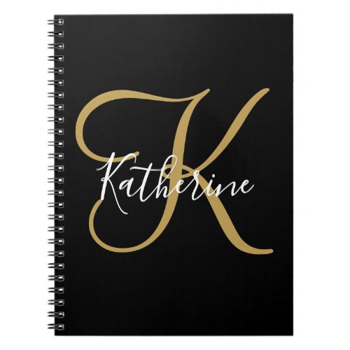Modern Girly Script Black and Gold Monogrammed  Notebook