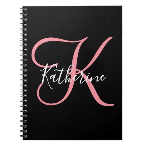 Modern Girly Script Black and Pink Monogrammed Notebook