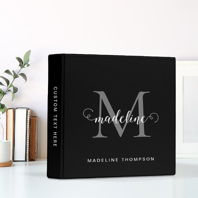 Modern Girly Script Black Gray Classic Monogram 3 Ring Binder (Creator Uploaded)