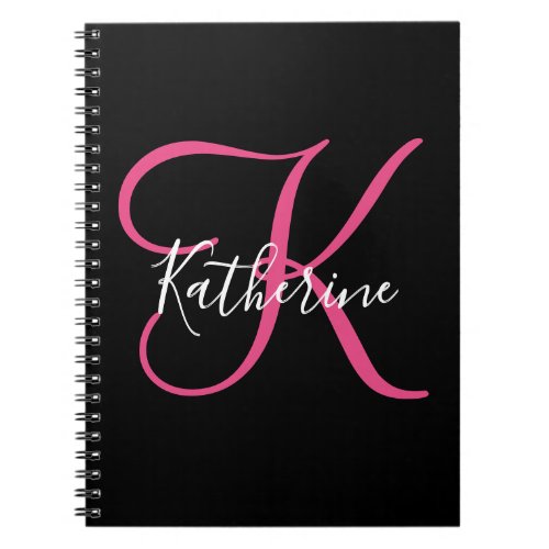 Modern Girly Script Black Hot Pink Monogrammed Notebook