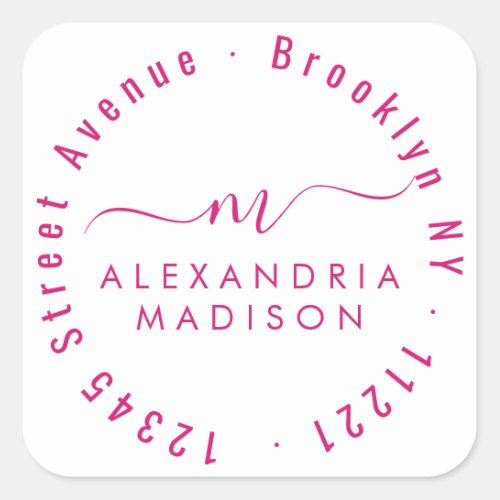 Modern Girly Script Monogram Address Magenta Pink Square Sticker