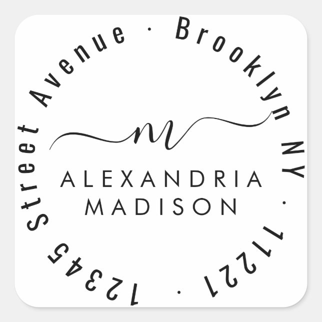 Modern Girly Script Monogram Initial Address Square Sticker (Front)