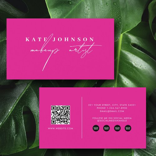 Modern Girly Script QR Code Social Media Pink Business Card