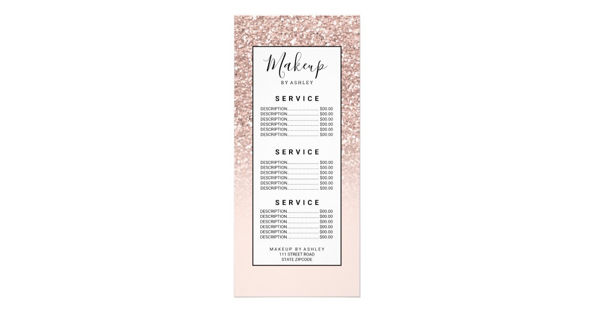 Modern girly sequins rose gold glitter ombre blush rack card | Zazzle